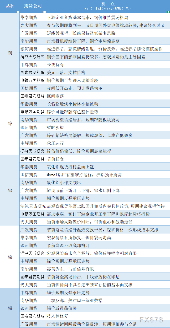 2月10日有色系期货观点速览（铜锌铝镍锡）